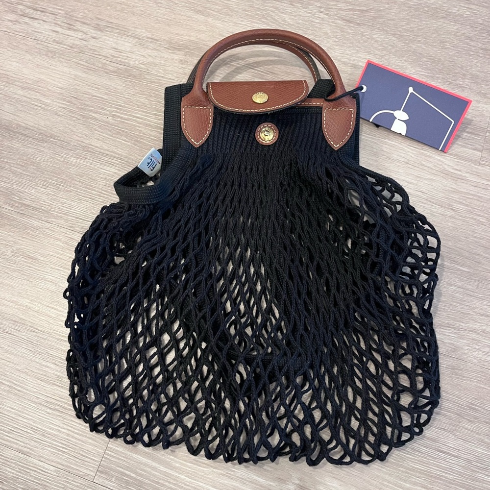 Longchamp La Pilage Filet - Stylish Black Mesh Tote Bag with Straps and Handles